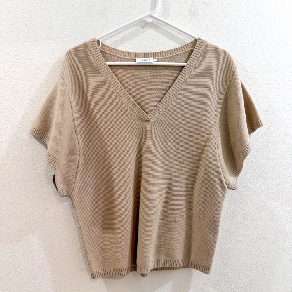 The Reset R Label 100% Wool Short Sleeve Sweater Tan Boho Preppy Hippie M